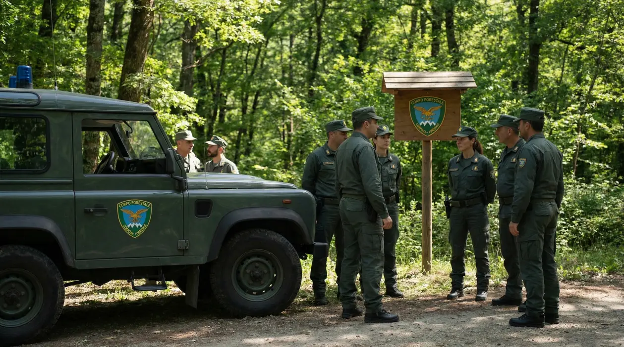 Gruppo di persone in uniforme del Corpo Forestale in una foresta accanto a un veicolo ufficiale