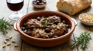 Coniglio in umido alla ligure servito in una terrina con olive nere e pinoli