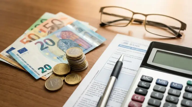 Banconote e monete in euro accanto a un contratto bancario, una calcolatrice e una penna su scrivania