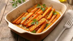 Carote al forno condite con spezie e prezzemolo in una teglia di ceramica