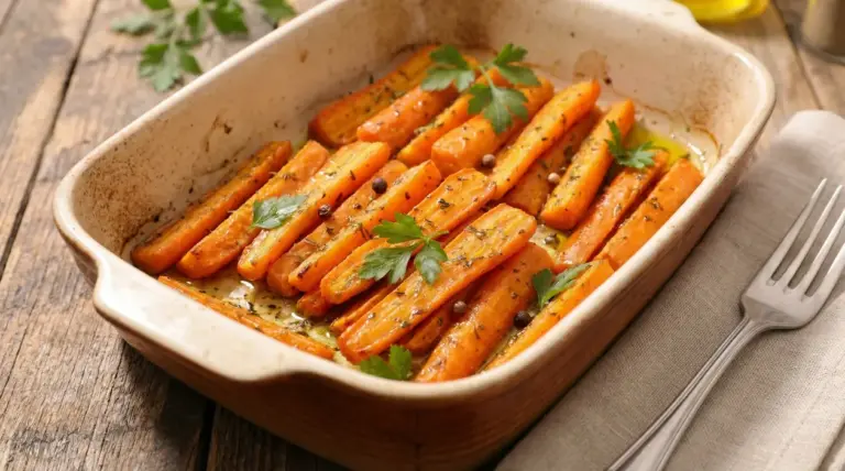 Carote al forno condite con spezie e prezzemolo in una teglia di ceramica