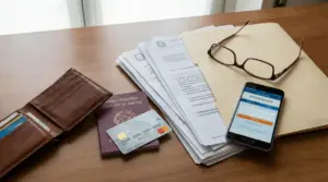 Documenti, passaporto, carta di credito, smartphone e portafoglio su un tavolo