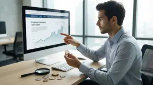 Uomo analizza grafico sul valore delle monete sul computer tenendo una moneta in mano