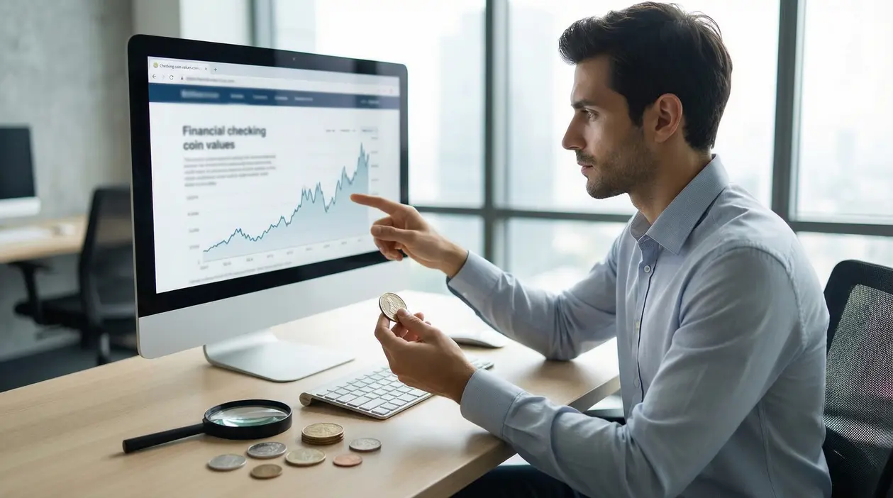 Uomo analizza grafico sul valore delle monete sul computer tenendo una moneta in mano