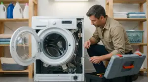 Tecnico che controlla l’interno di una lavatrice aperta con strumenti