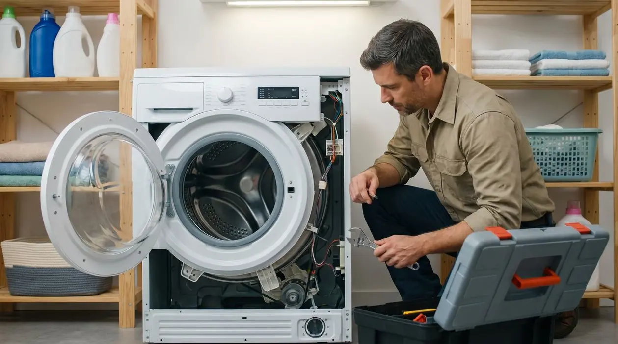 Tecnico che controlla l’interno di una lavatrice aperta con strumenti