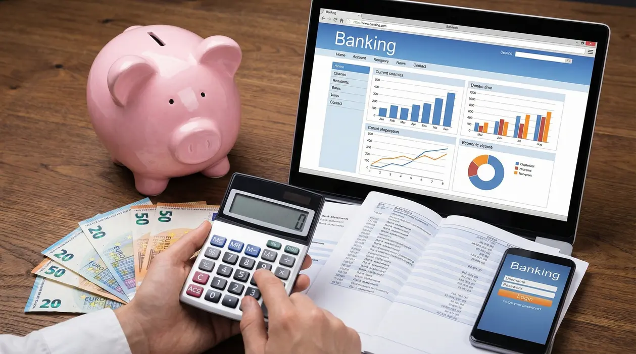 Persona calcola le finanze personali con calcolatrice, laptop e salvadanaio su tavolo