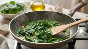 Spinaci freschi saltati in padella con aglio e olio su fornello da cucina