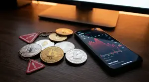 Criptovalute fisiche vicino a uno smartphone con grafico in calo su una scrivania