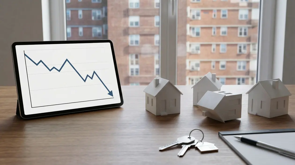 Grafico in calo su tablet con modellini di case e chiavi su un tavolo