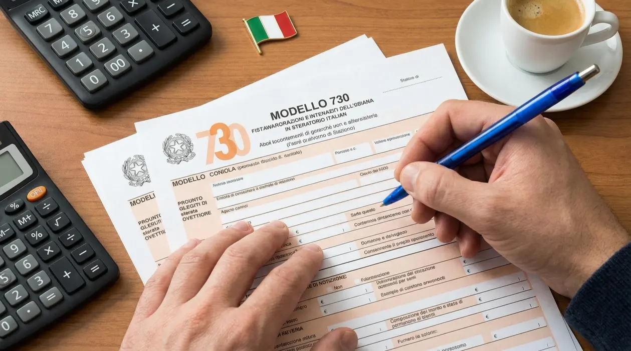 Persona compila il Modello 730 con calcolatrice e caffè su scrivania