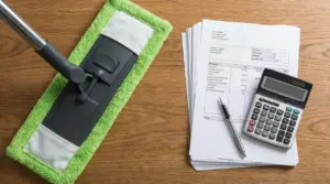 Documenti, calcolatrice e strumento per la pulizia su un tavolo in legno