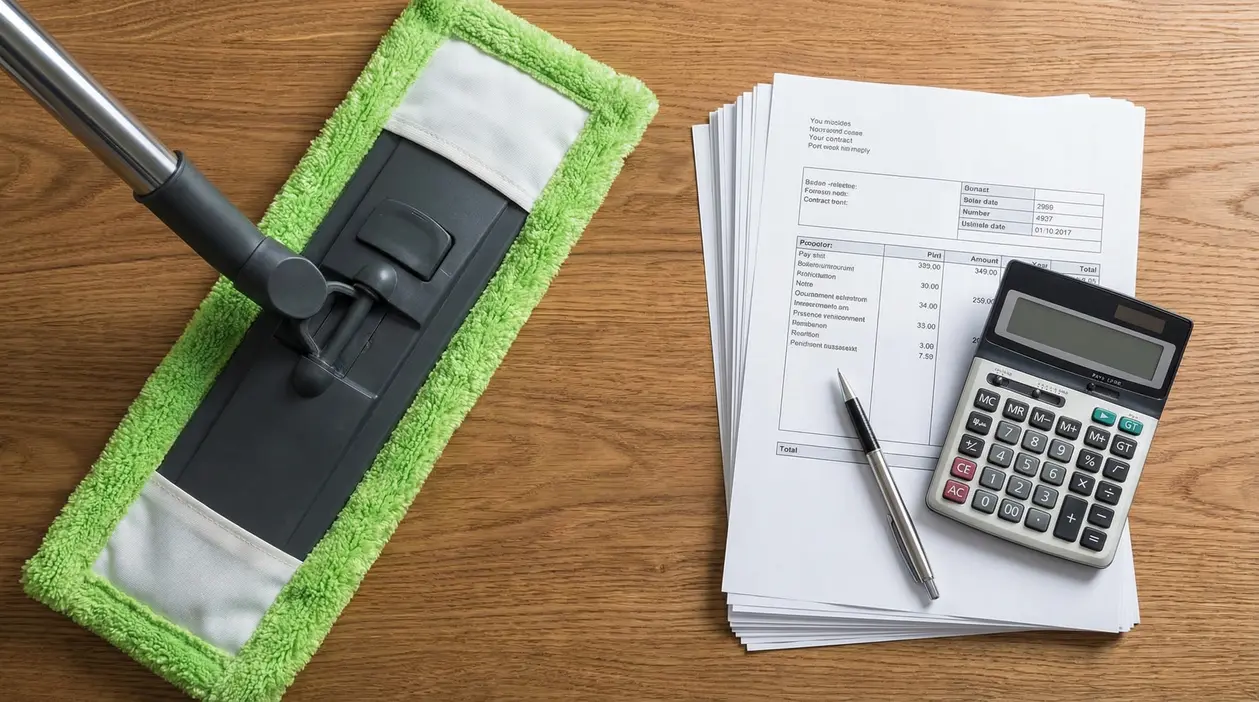 Documenti, calcolatrice e strumento per la pulizia su un tavolo in legno