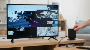 Persona regola un'antenna vicino a una TV con segnale digitale disturbato