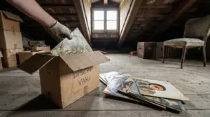 Una mano estrae dischi in vinile da una scatola in una soffitta polverosa.