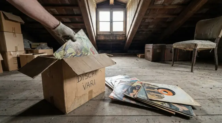 Una mano estrae dischi in vinile da una scatola in una soffitta polverosa.