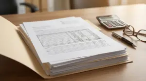 Cartella con documenti contabili su una scrivania accanto a penna, occhiali e calcolatrice