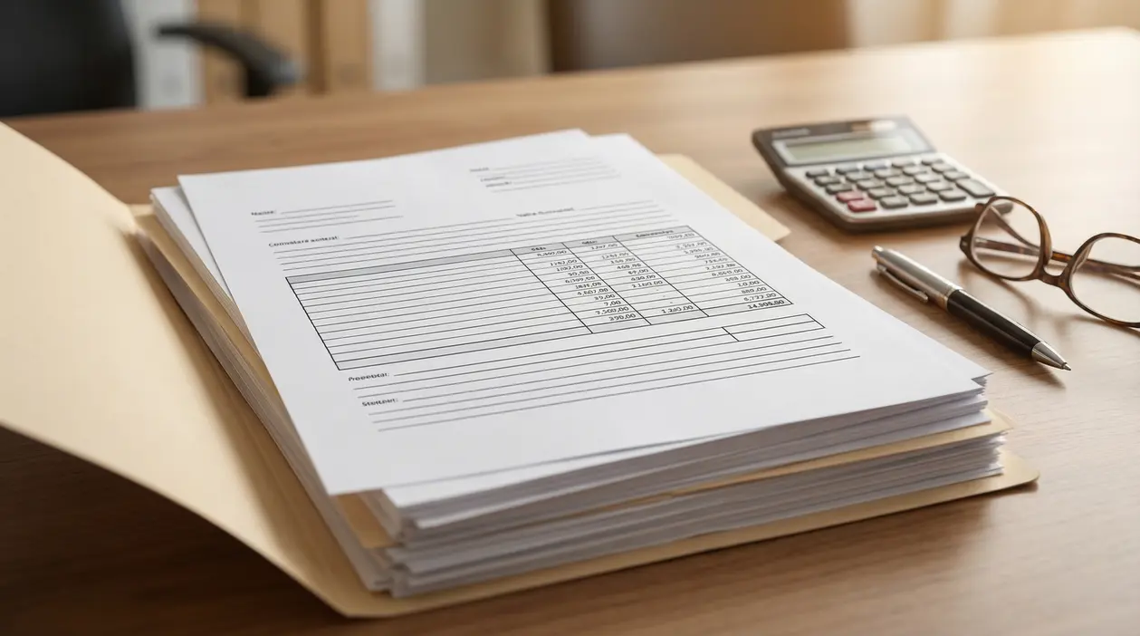 Cartella con documenti contabili su una scrivania accanto a penna, occhiali e calcolatrice