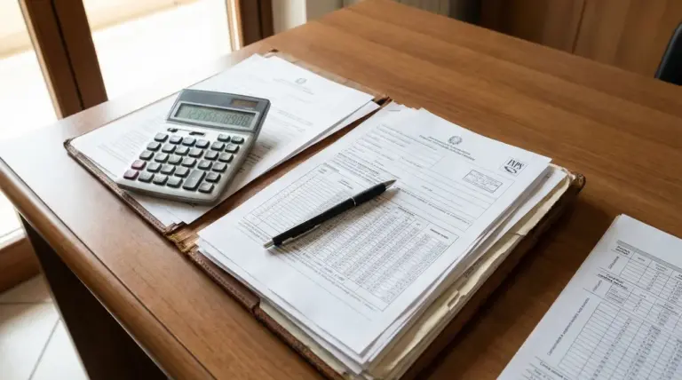 Calcolatrice e documenti pensionistici su una scrivania di legno