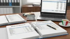 Scrivania con registri contabili condominiali, calcolatrice, portatile e tazza di caffè