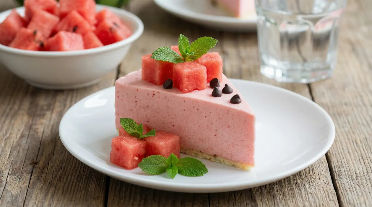 Fetta di dolce all’anguria con cubetti di frutta fresca, menta e gocce di cioccolato su piatto bianco