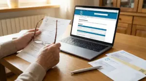 Persona consulta un modulo cartaceo INPS davanti a un computer con il sito INPS aperto