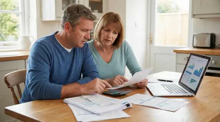 Due persone analizzano documenti finanziari accanto a un computer portatile con grafici.