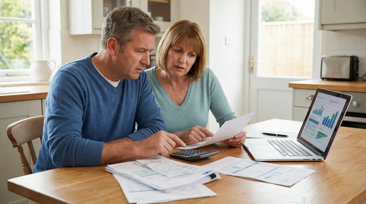 Due persone analizzano documenti finanziari accanto a un computer portatile con grafici.
