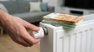 Mano che regola la manopola di un termosifone con mazzette di euro poggiate sopra