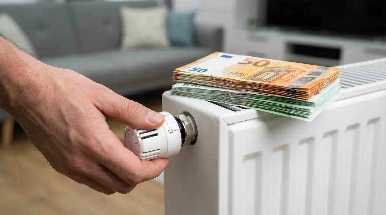 Mano che regola la manopola di un termosifone con mazzette di euro poggiate sopra