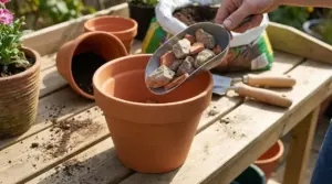 Mano che inserisce sassi e cocci sul fondo di un vaso da fiori in terracotta