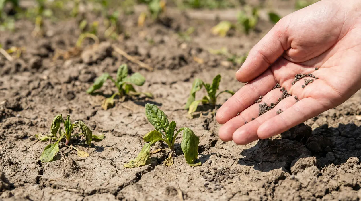 Mano che tiene semi sopra un terreno secco con giovani piantine di spinaci
