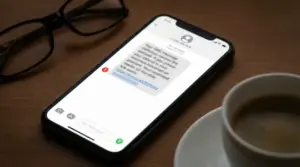 Smartphone con un messaggio sospetto visualizzato su un tavolo accanto a un caffè e occhiali