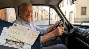 Anziano alla guida di un'auto d'epoca con documenti di circolazione in primo piano