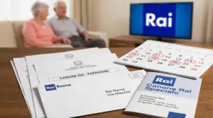 Documenti sul canone Rai, un calendario e due persone sedute su un divano con una TV accesa sullo sfondo
