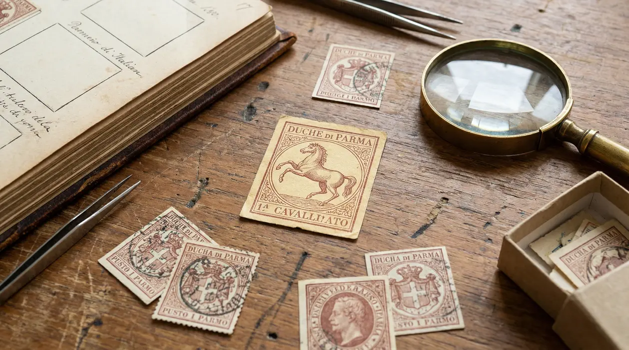 Francobolli antichi del Ducato di Parma su un tavolo con lente d'ingrandimento e pinzette