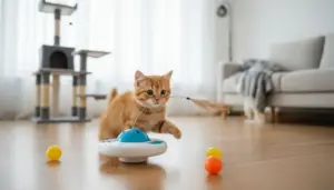 Gatto rosso gioca con un giocattolo interattivo su un pavimento di legno in un salotto luminoso