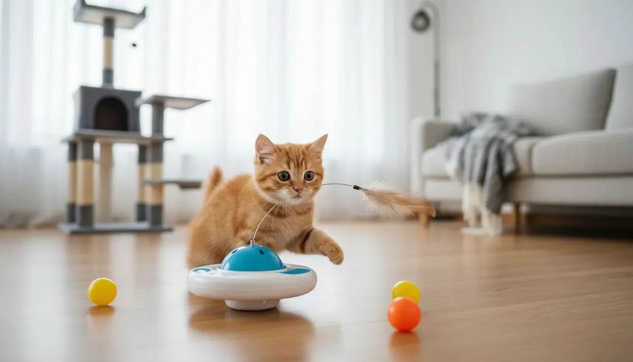 Gatto rosso gioca con un giocattolo interattivo su un pavimento di legno in un salotto luminoso