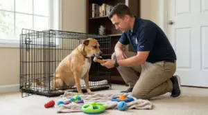 Persona che offre un osso a un cane accanto a una gabbia, con giochi sparsi sul pavimento.
