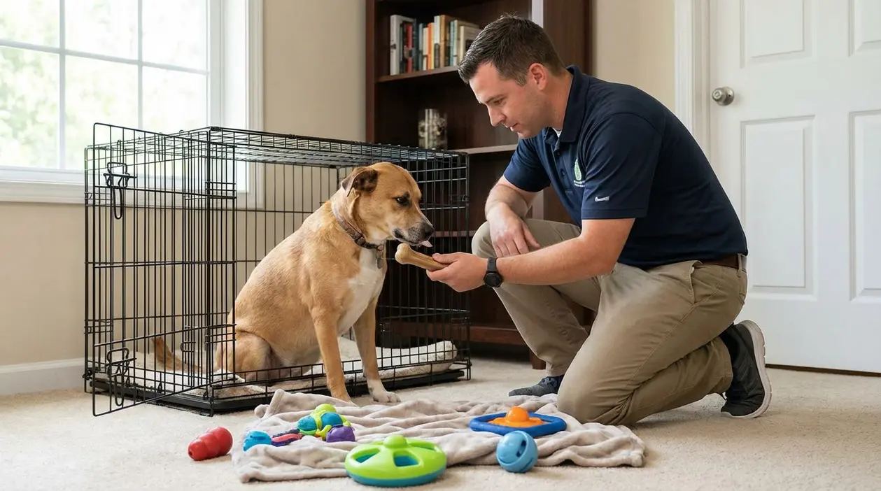 Persona che offre un osso a un cane accanto a una gabbia, con giochi sparsi sul pavimento.