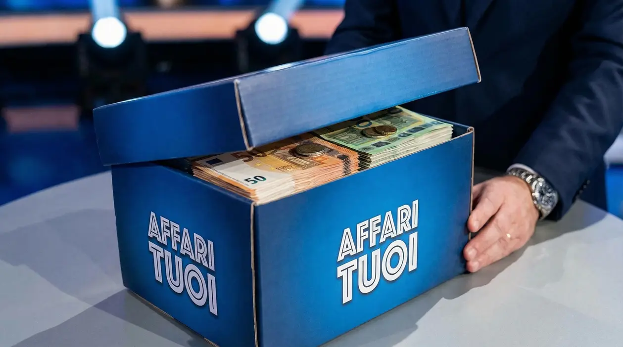 Una scatola blu di Affari Tuoi aperta, piena di banconote e monete in euro