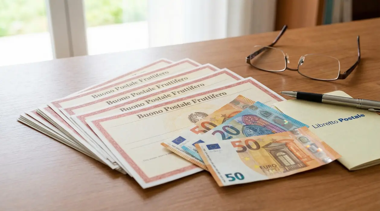 Buoni postali fruttiferi con banconote in euro, libretto postale, penna e occhiali su un tavolo