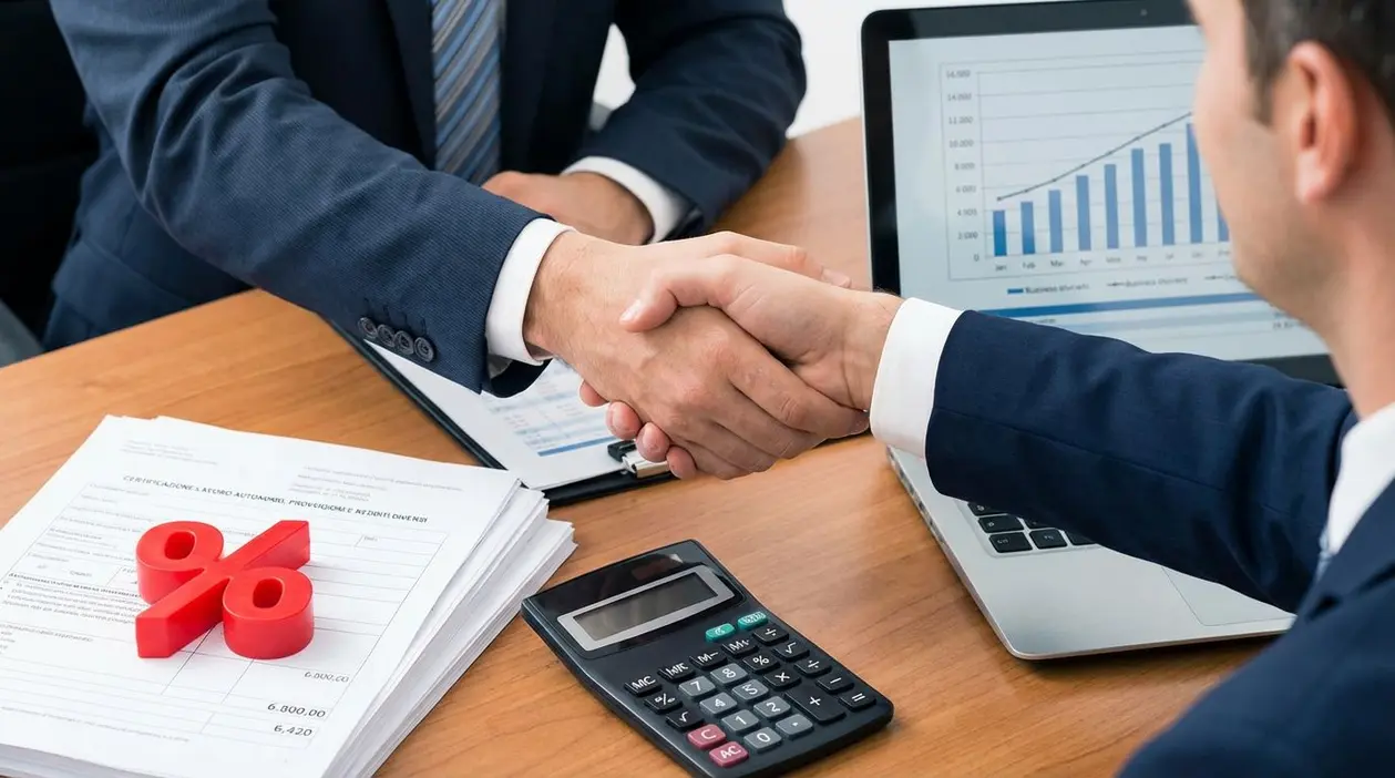 Due persone in abito formale si stringono la mano davanti a un laptop e documenti finanziari