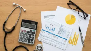 Scrivania con stetoscopio, calcolatrice, buste paga e grafici sul reddito di un medico di base