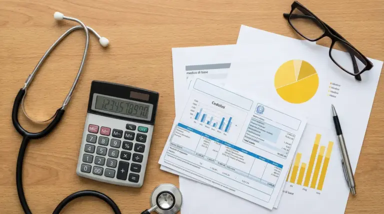 Scrivania con stetoscopio, calcolatrice, buste paga e grafici sul reddito di un medico di base
