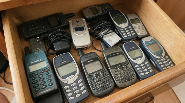 Vecchi telefoni cellulari conservati in un cassetto di legno
