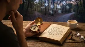 Persona riflette con una bussola in mano davanti a un libro di astrologia aperto