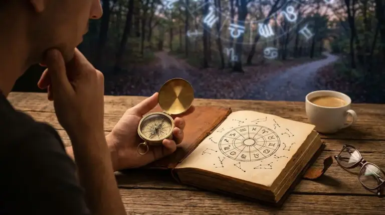 Persona riflette con una bussola in mano davanti a un libro di astrologia aperto