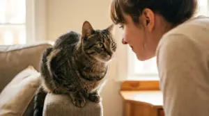 Gatto tigrato seduto su un divano fissa una persona da vicino