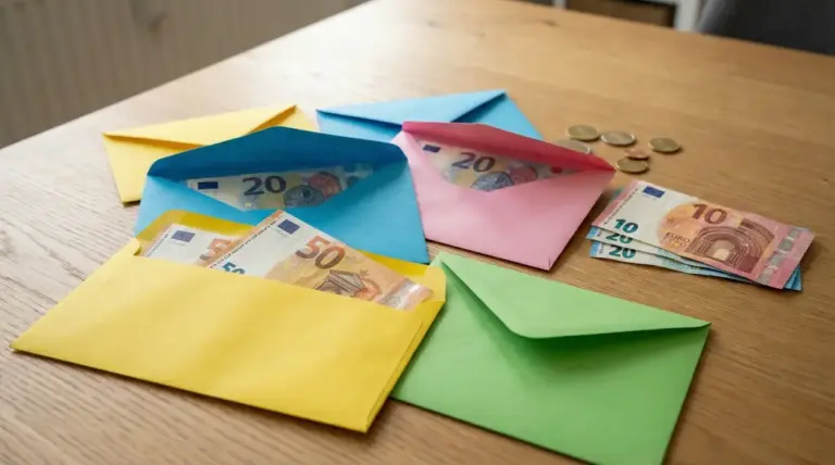 Buste colorate con banconote in euro su un tavolo di legno